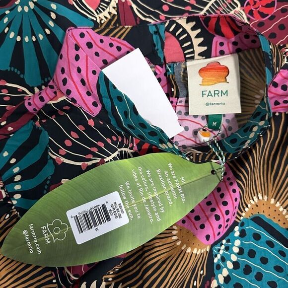 NWT Farm Rio Mock Neck Shell Print Blouse Sz M Boho Coastal Beachy Tribal Batik - Picture 6 of 13